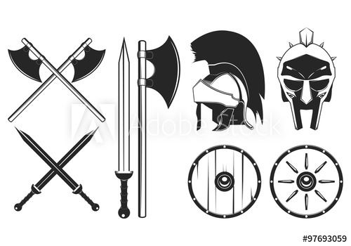 500x350 Gladiator Weapon Set Axe, Sword, Shield, Helmet Vector