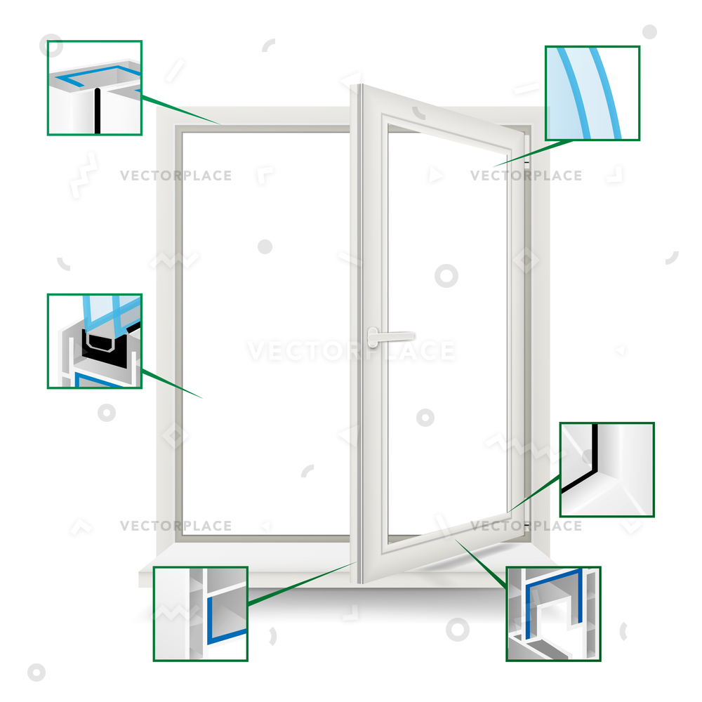 1000x1000 Plastic Window Frame Structure Open Glass Vector Illustration