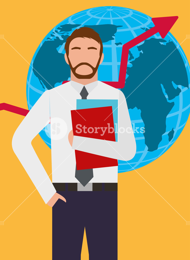 733x1000 Businessman Standing With Globe Map And Growth Arrow Vector