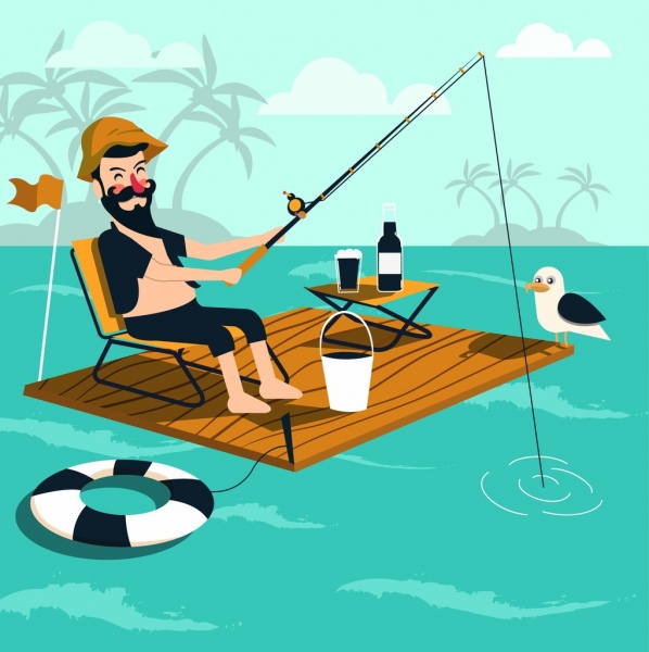 598x600 Lifestyle Drawing Fishing Man Wooden Float Sea Icons Free Vector