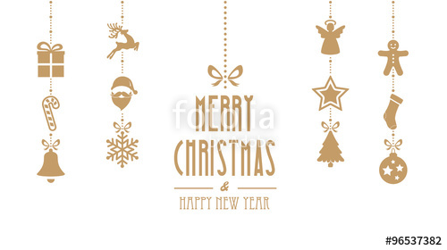 500x280 Merry Christmas Ornaments Hanging Gold Isolated Background Stock