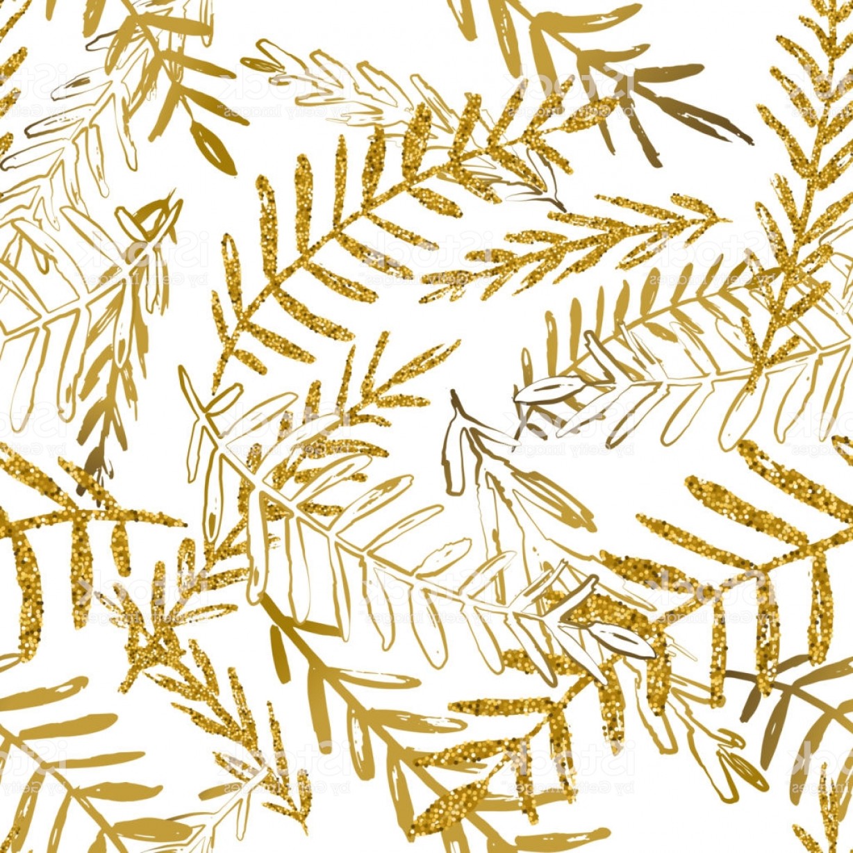 1228x1228 Vector Seamless Tropical Pattern With Gold Leaves Golden And White
