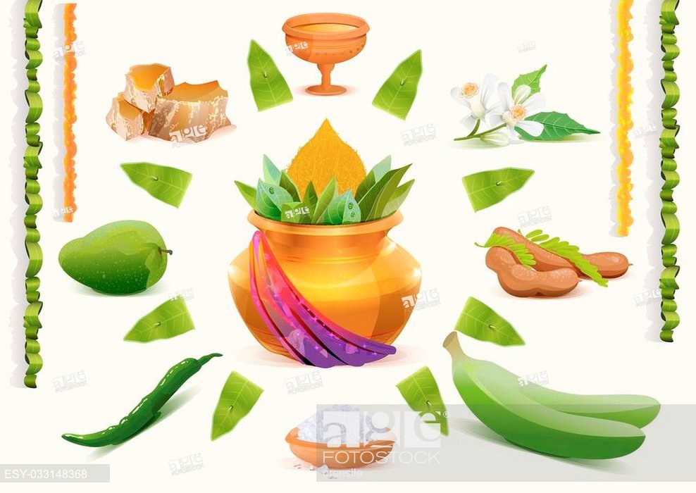 Happy Ugadi Set Holiday Accessories Gold Pot Isolated On White 988x700 Happy Ugadi Set Holiday Accessories Gold Pot Isolated On White