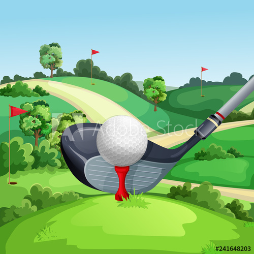 500x500 Golf Club And Ball On Green Golf Course, Vector Illustration