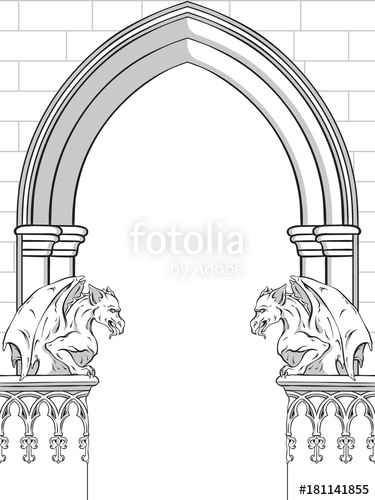 375x500 Gothic Arch With Gargoyles Hand Drawn Vector Illustration Frame