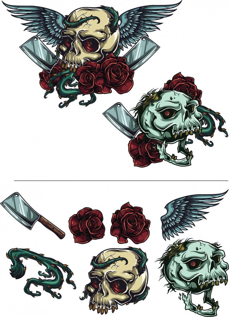 744x1030 Gothic Skulls With Roses Vector Free Download