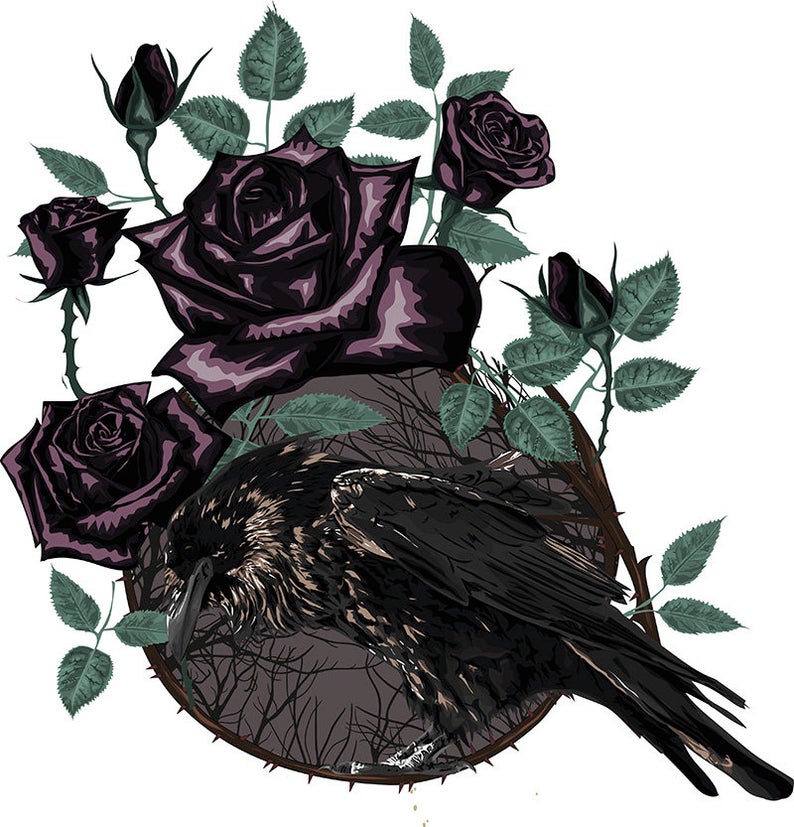 794x827 Vector Print With Raven And Black Roses Gothic Vector Print Etsy