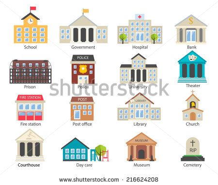 450x383 Color Government Buildings Icons Set In Flat Design Style, Vector