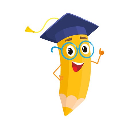 450x450 Yellow Cartoon Pencil With In Graduation Cap Giving Okay, Vector