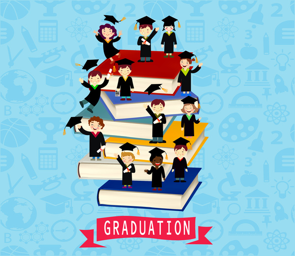 600x521 Graduation Vector Illustration With Cheering Bachelors And Books