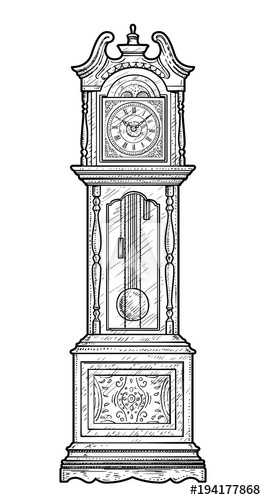 266x500 Grandfather Clock Illustration, Drawing, Engraving, Ink, Line Art