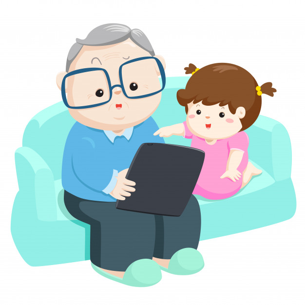 626x626 Niece Play Tablet With Grandpa Vector Illustration Vector