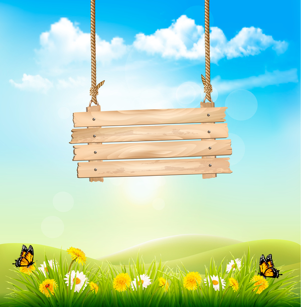 600x613 Green Green Grass Background With Wooden Sign Vector Free Download