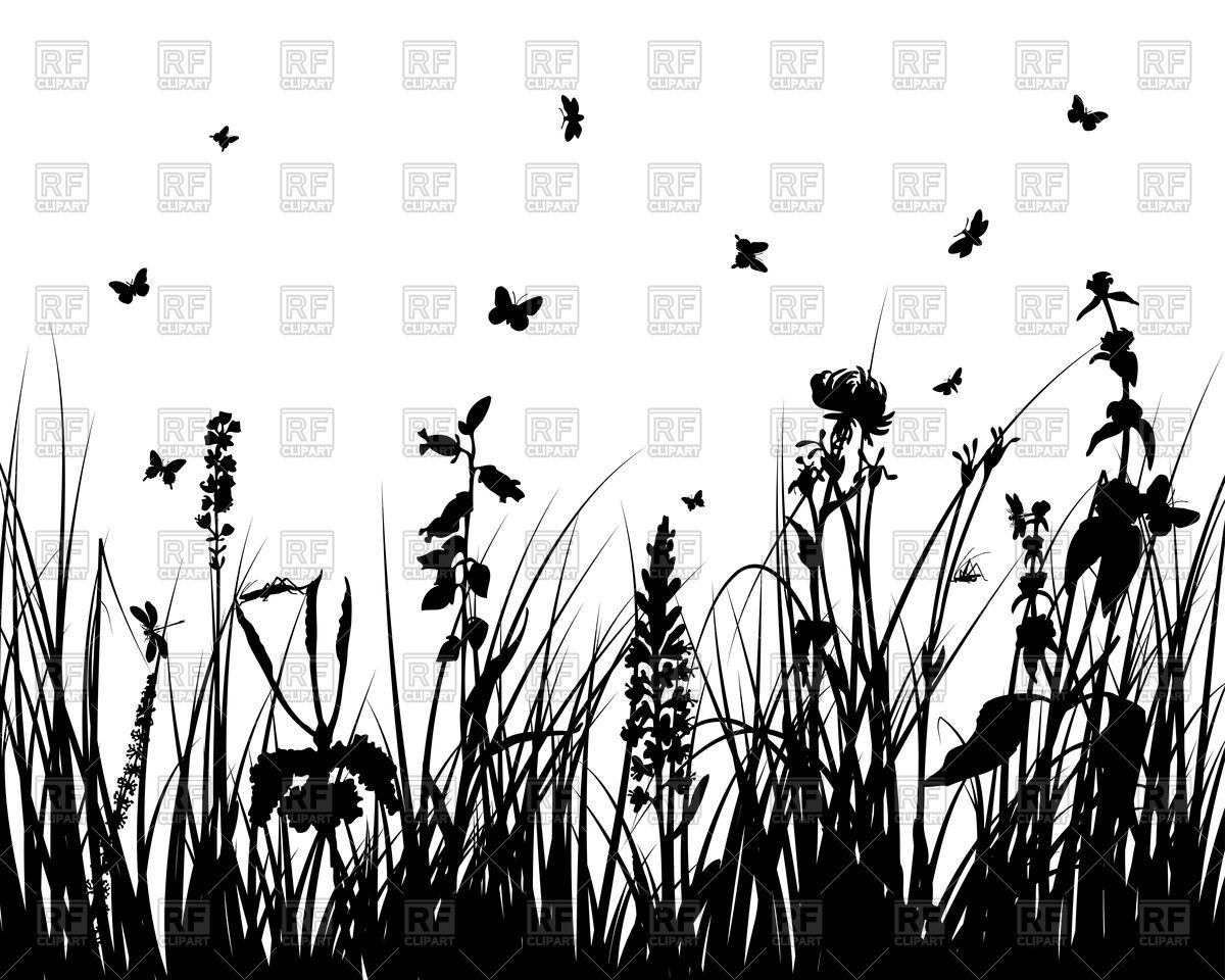 1200x960 Grass, Flowers And Butterflies Silhouettes Vector Image Vector