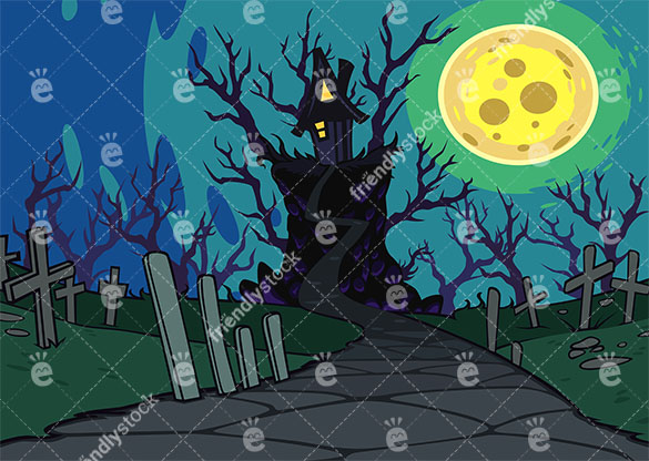 585x416 Spooky Witch House At Night With A Nearby Graveyard Vector