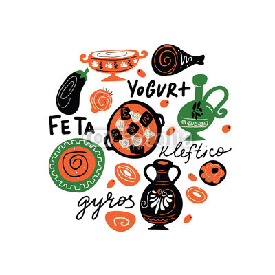 Hand Drawn Illustration Of Traditional Greek Food In Circle 400x400 Hand Drawn Illustration Of Traditional Greek Food In Circle