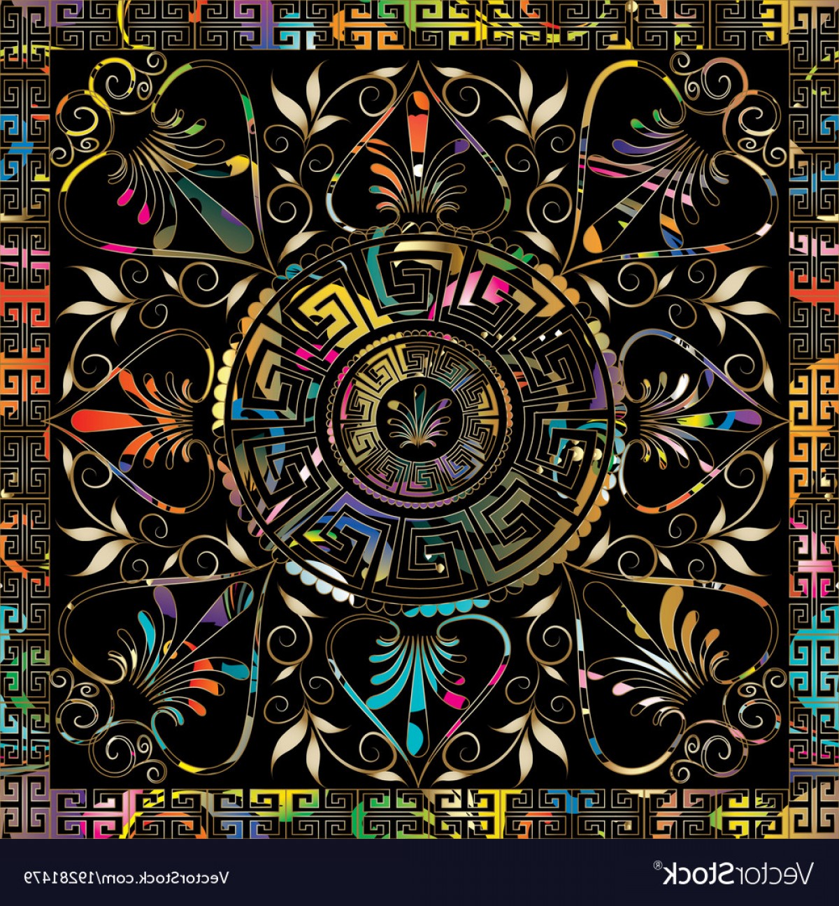 1200x1296 Meander Colorful Mandala Pattern Square Greek Key Vector