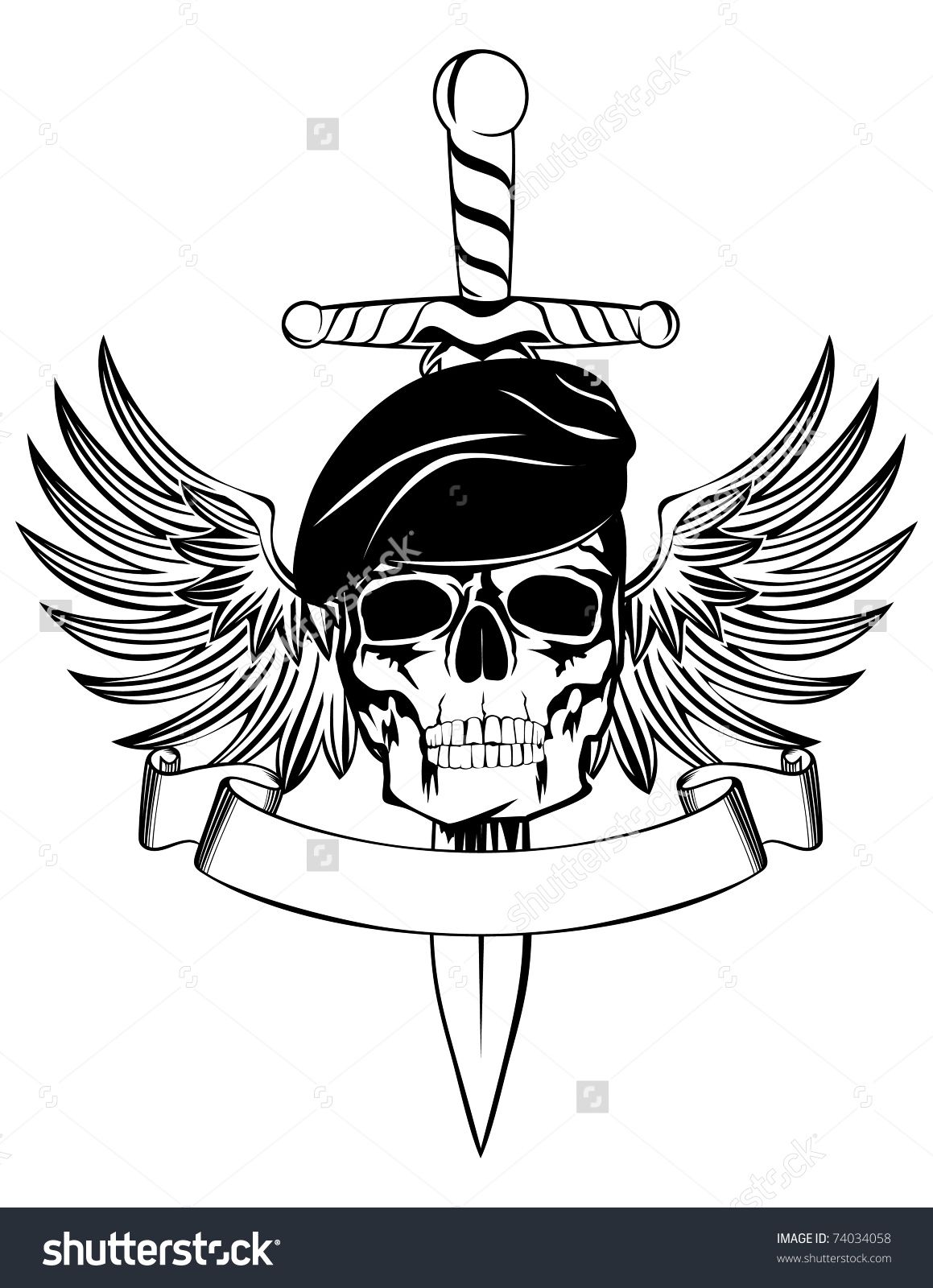 1159x1600 Skull In Beret With Dagger And Wings Skull Military Tattoos