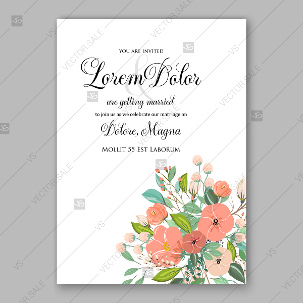 600x600 Wedding Invitation Peach Flower Greenery Vector Template Marriage