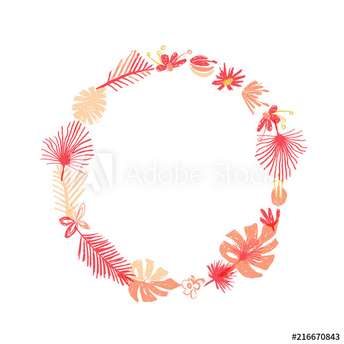 500x500 Hand Drawn Tropical Flower Composition, Greenery Botanical Round