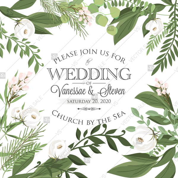 600x600 Wedding Invitation Watercolor Vector Greenery Branches Fern