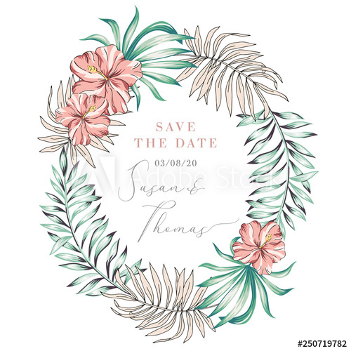 500x500 Wedding Tropical Greenery Frame Palm Leaves, Pink Hibiscus