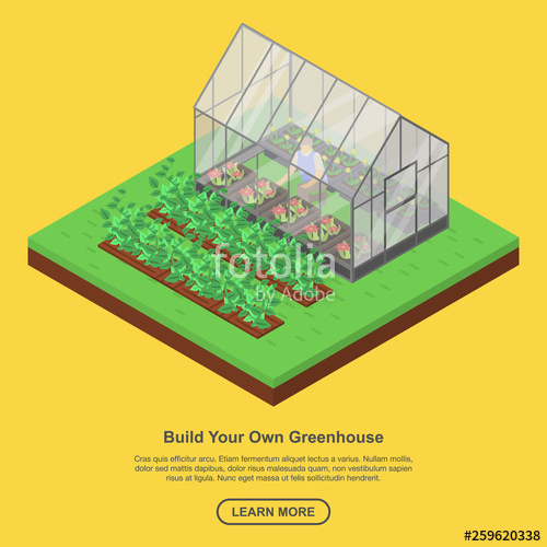500x500 Build Your Greenhouse Banner Isometric Illustration Of Build Your