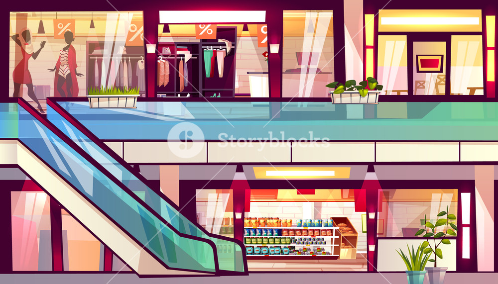 1000x571 Mall With Shops And Cafes Vector Illustration Escalator Staircase