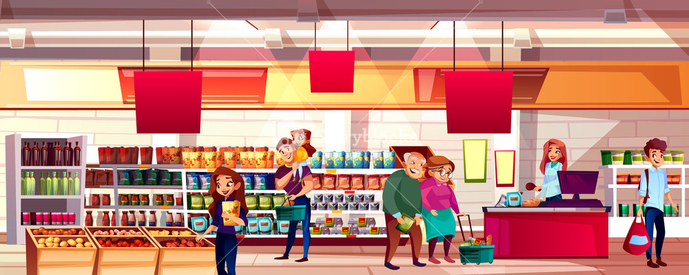 1000x400 People In Supermarket Or Grocery Store Vector Illustration Family