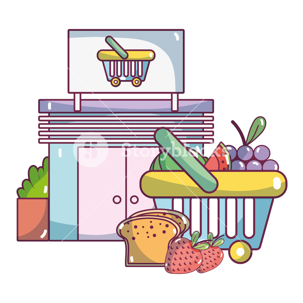 1000x1000 Supermarket Exterior And Grocery Shop Elements Cartoon Vector