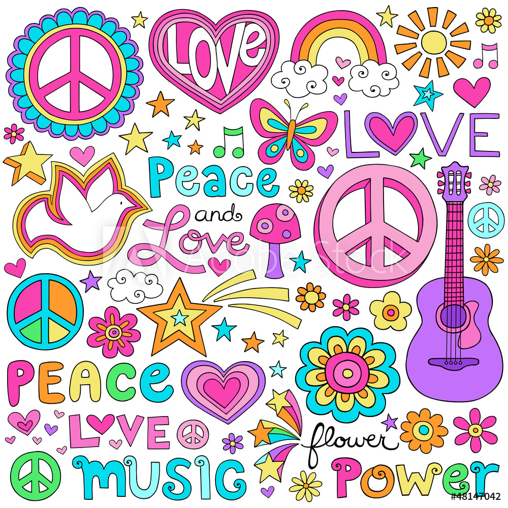 1000x1000 Fotografie, Obraz Peace Love Music Groovy Notebook Doodles Vector