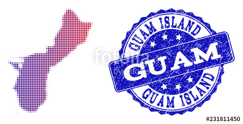 500x256 Halftone Dot Map Of Guam Island And Blue Unclean Seal Stamp