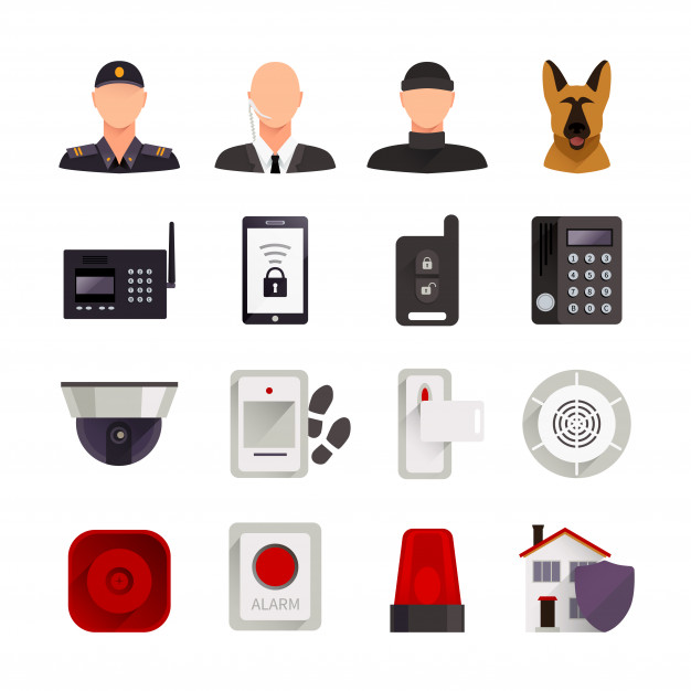 626x626 Home Security Flat Decorative Icons Set With Guard Dog Video