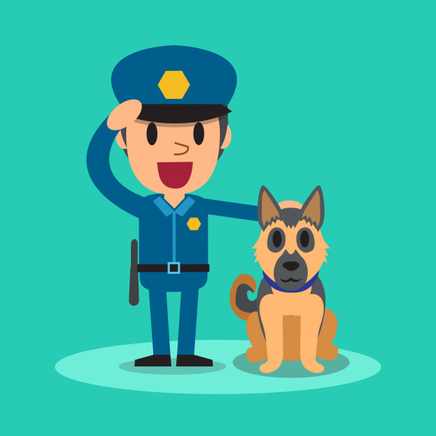 626x626 Cartoon Security Guard Policeman With Guard Dog Vector Premium