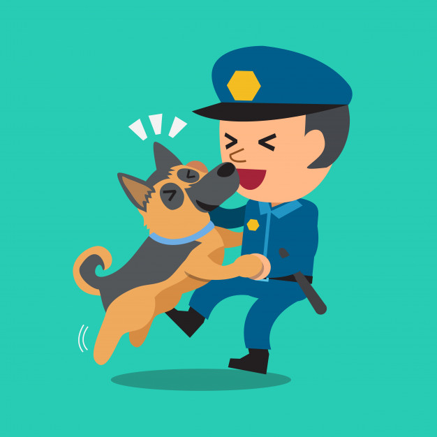 626x626 Cartoon Security Guard Policeman With His Guard Dog Vector