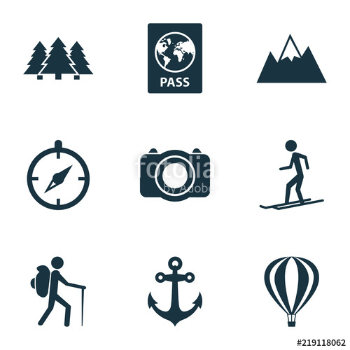 500x500 Traveling Icons Set With Tourist, Anchor, Forest And Other Guide