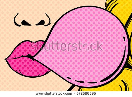 450x331 Close Up Of A Woman's Face With Pink Lips And Gum Bubble Vector