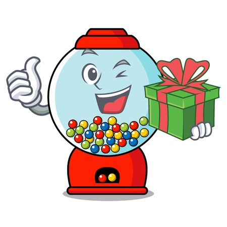 450x450 With Gift Gumball Machine Mascot Cartoon Vector Illustration