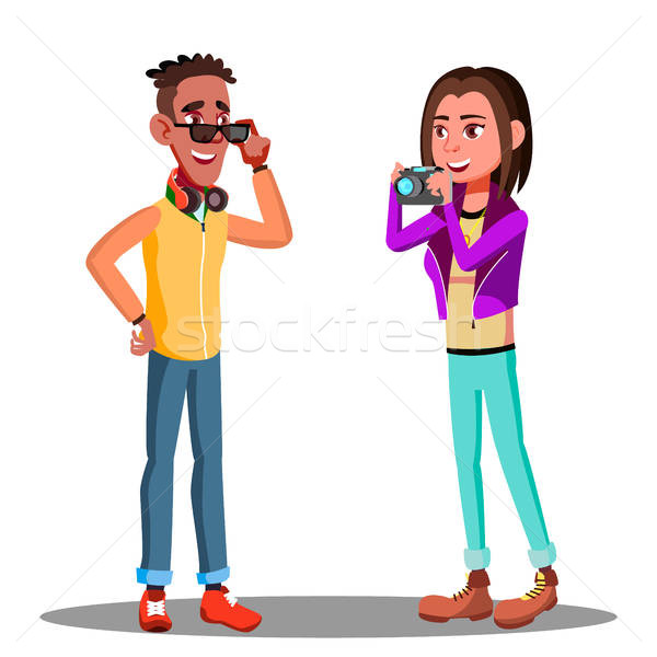 600x600 Photographer Girl Taking Pictures Posing Friend Guy Vector