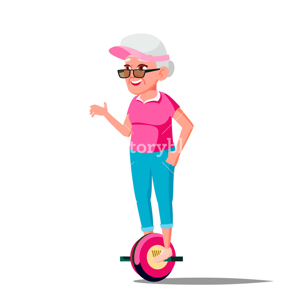 1000x1000 Old Woman On Hoverboard Vector Riding On Gyro Scooter One Wheel