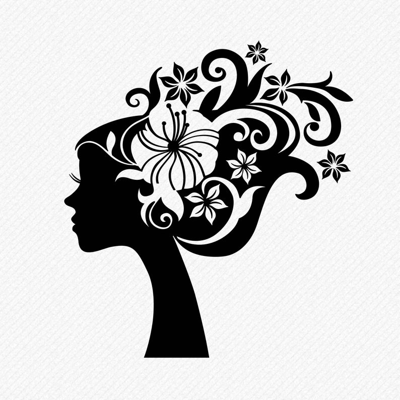 794x794 Girl With Floral Hair Silhouette Floral Hair Clipart Lady Etsy