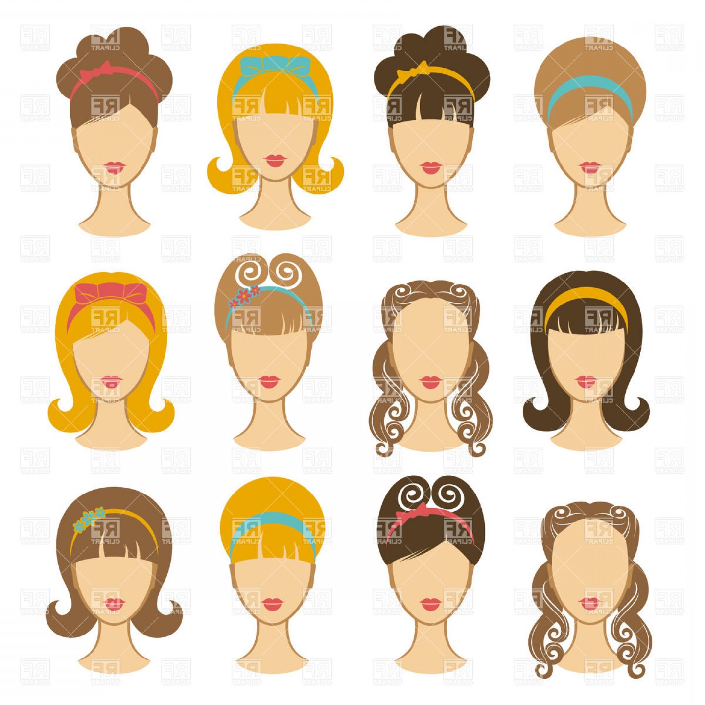 1440x1440 Set Of Girls Portraits With Pin Up Hairstyle Vector Clipart
