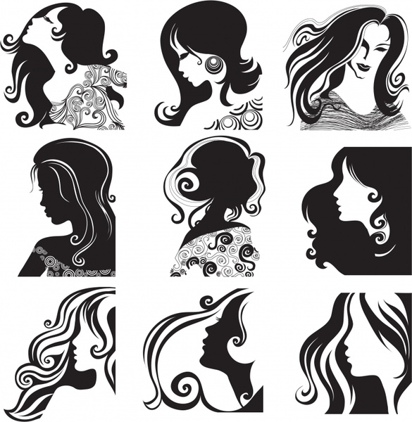 585x600 Woman Hairstyle Icons Black White Classical Sketch Free Vector