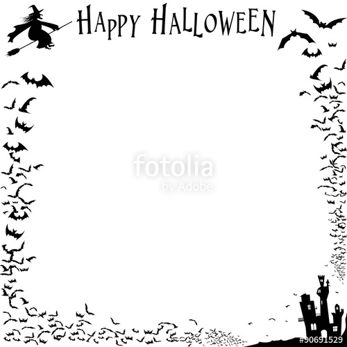500x500 Halloween Frame With A Flock Of Bats, A Flying Witch And A Dark