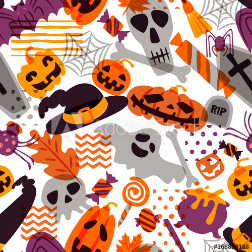 Vector Seamless Halloween Pattern Doodle Pumpkin, Skull, Witch 500x500 Vector Seamless Halloween Pattern Doodle Pumpkin, Skull, Witch