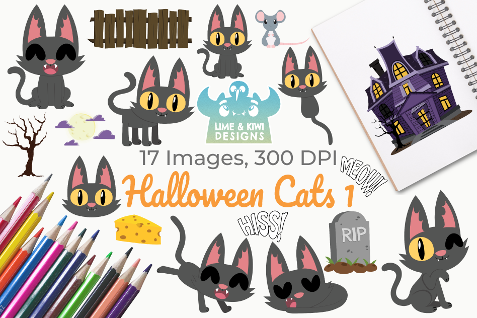 948x632 Halloween Cats Clipart, Instant Download Vector Art