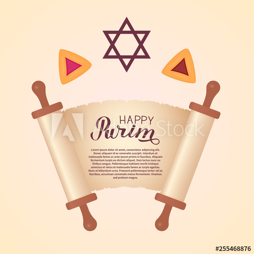 500x500 Happy Purim Lettering Written On Old Scroll Paper And Hamantaschen