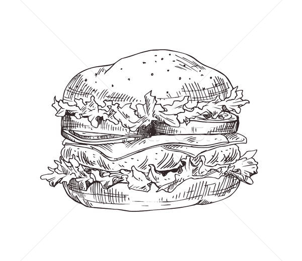600x520 Hand Drawn Hamburger Vector Monochrome Sketch Vector Illustration