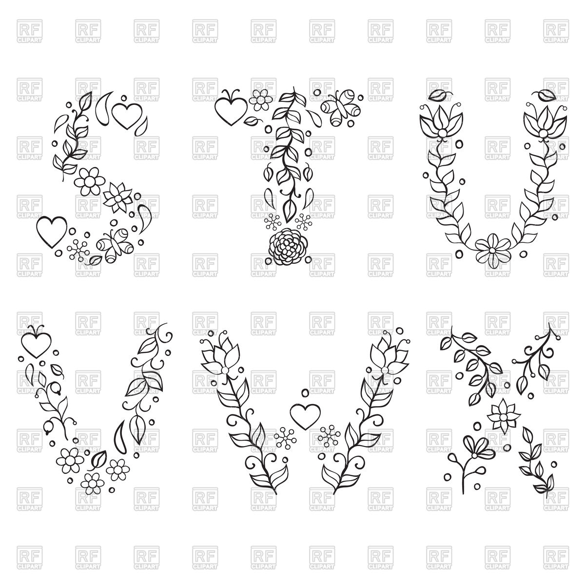 1200x1200 Hand Drawn Floral Letters S, T, U, V, W, X Vector Image Of Signs