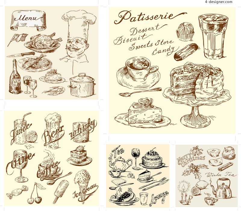 800x700 Designer Vector Material Of Retro Hand Drawn Food